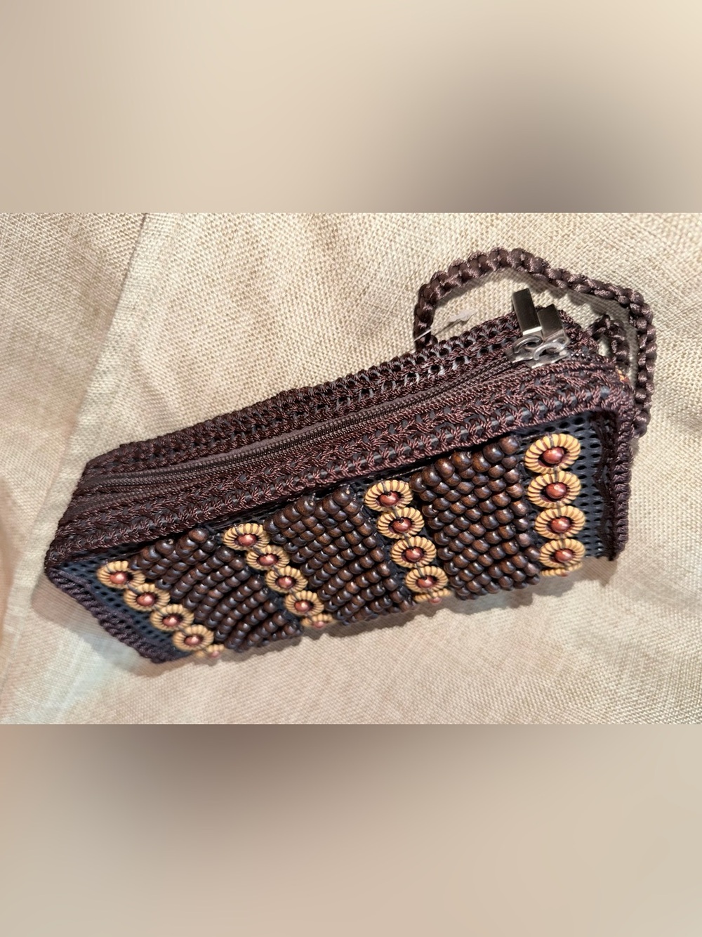 Handcrafted Brown Beaded Wristlet Bag